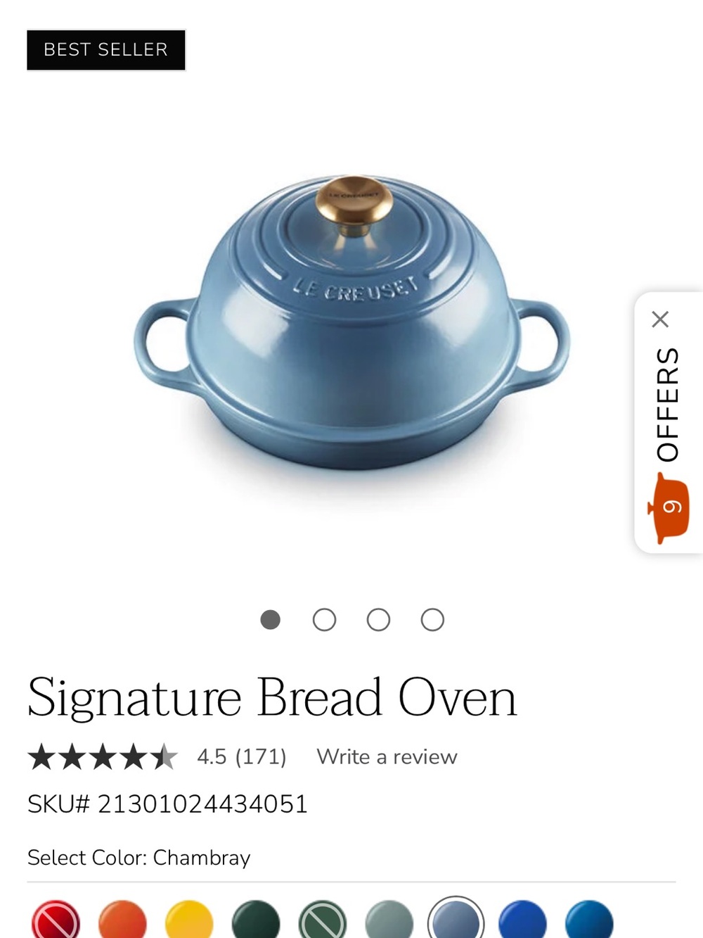 Le Creuset Sky Blue Cast Iron Bread Oven Covered Skillet with Brass Knob